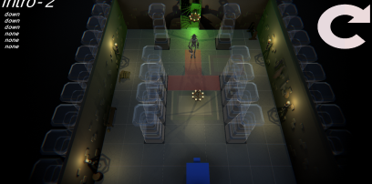 Screenshot waar je van bovenaf in een donkere kamer kijkt met rijen van transparante pilaren. De rode tegels in T-vorm geven de loop-opties van de ninja aan